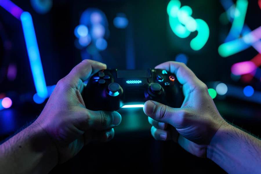 Hands holding a glowing gaming controller