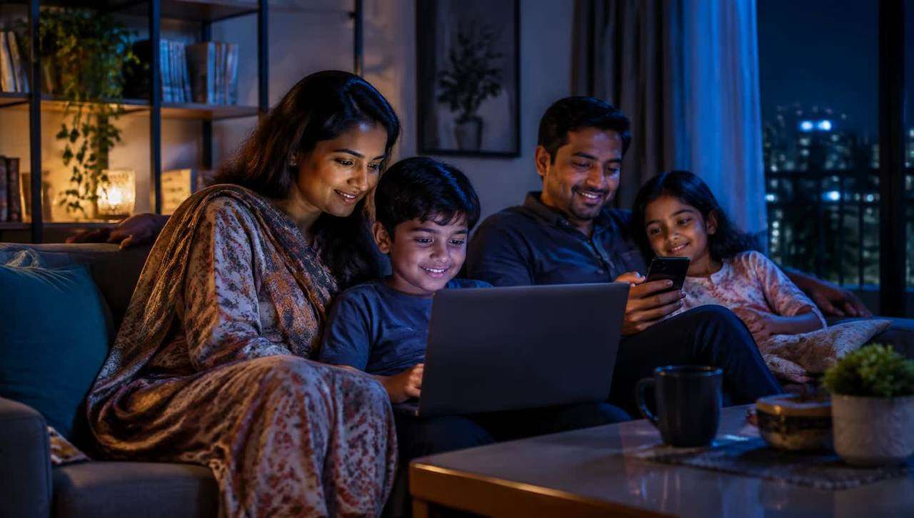A family at home streaming and browsing on fast home internet