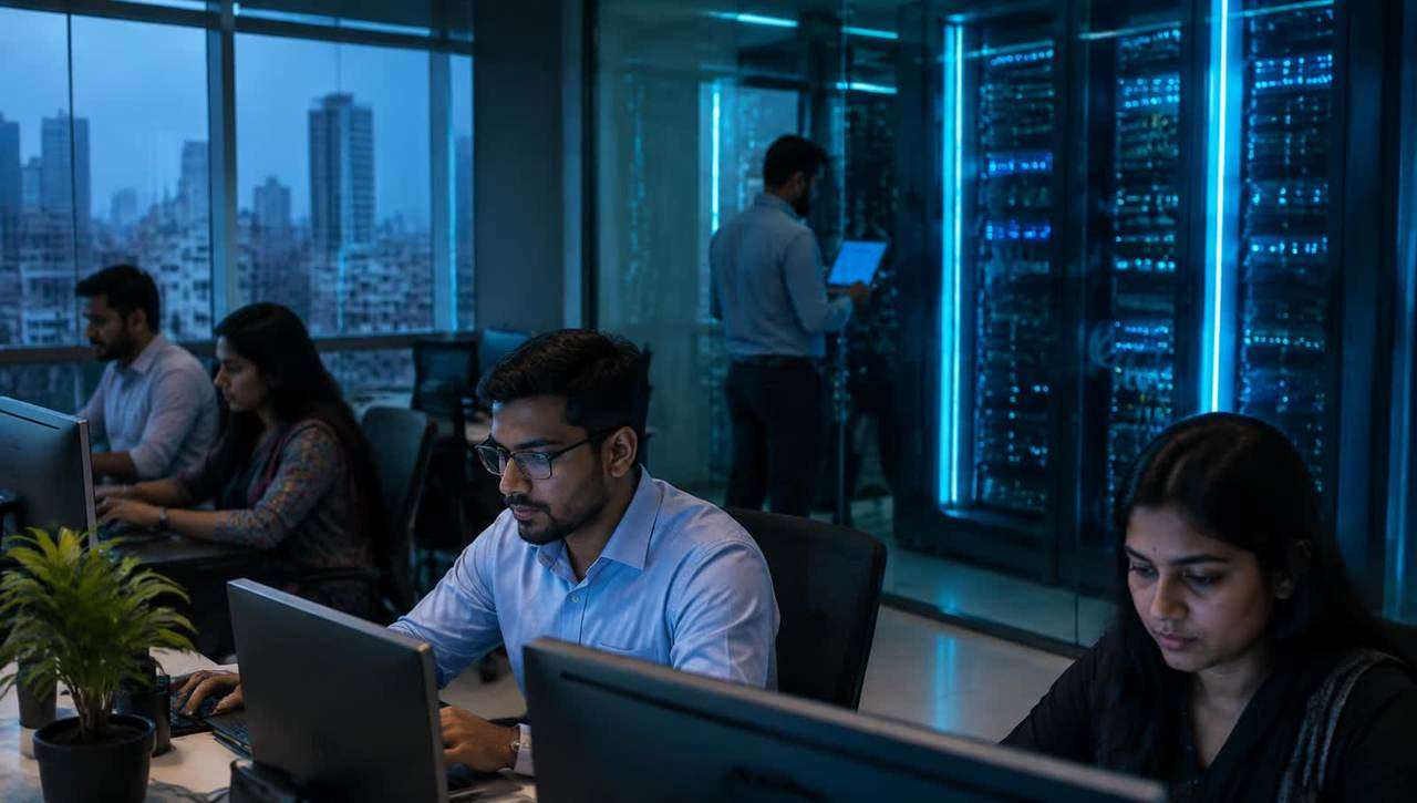 Professionals working in a modern office with network equipment
