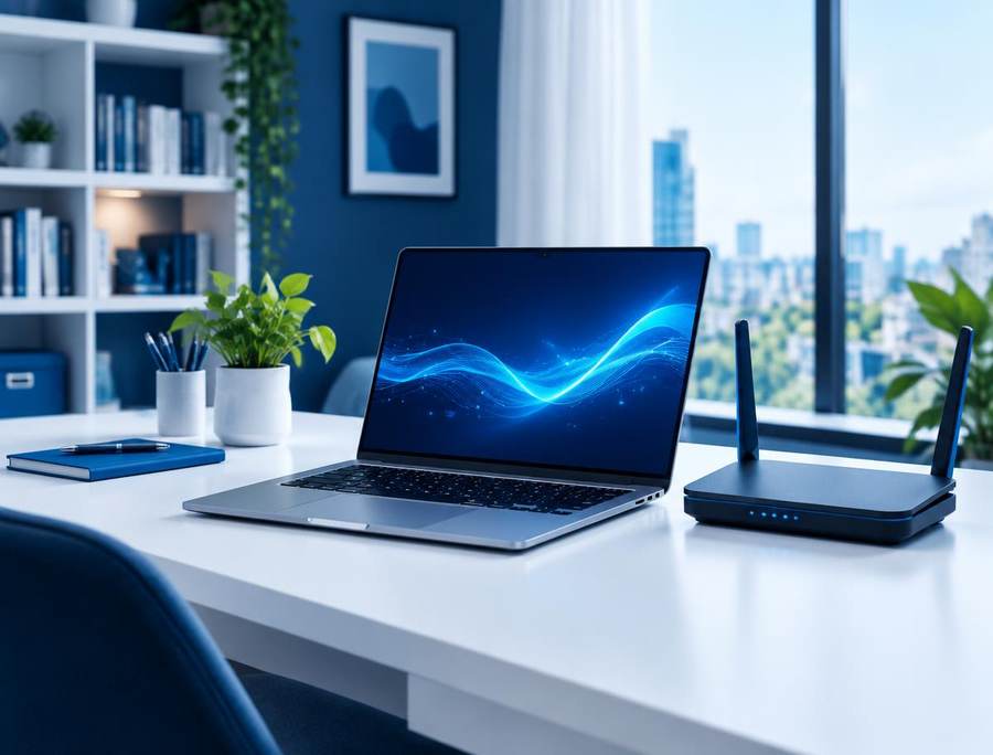 Laptop and Wi-Fi router ready for online bill payment